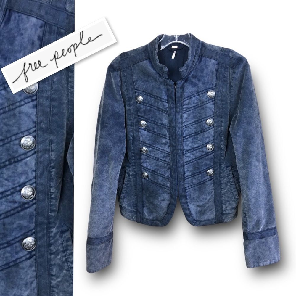 Free People Washed Cord Velvet Band  Military Jacket In Washed Blue Size S - Picture 2 of 14